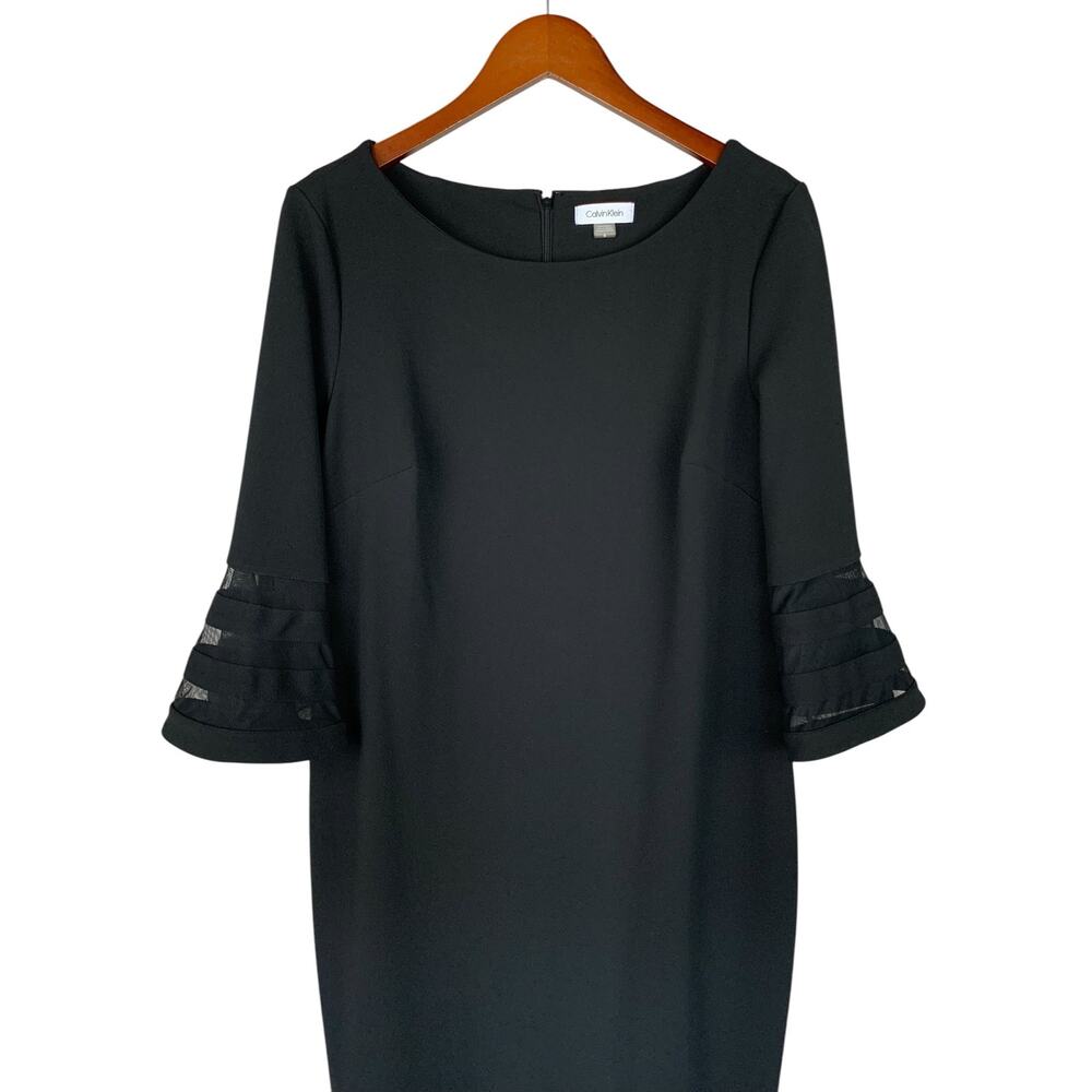 Calvin Klein Sheath Dress Black Bell Sleeve Illusion Trim Knee Length Women's 16 - Picture 2 of 9